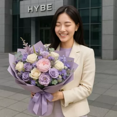 seorang wanita menerima karangan bunga dengan ekspresi bahagia